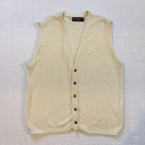 Roundtree & Yorke Mens Cream Knit V Neck Button Front Sleeveless‎ Vest Sweater L